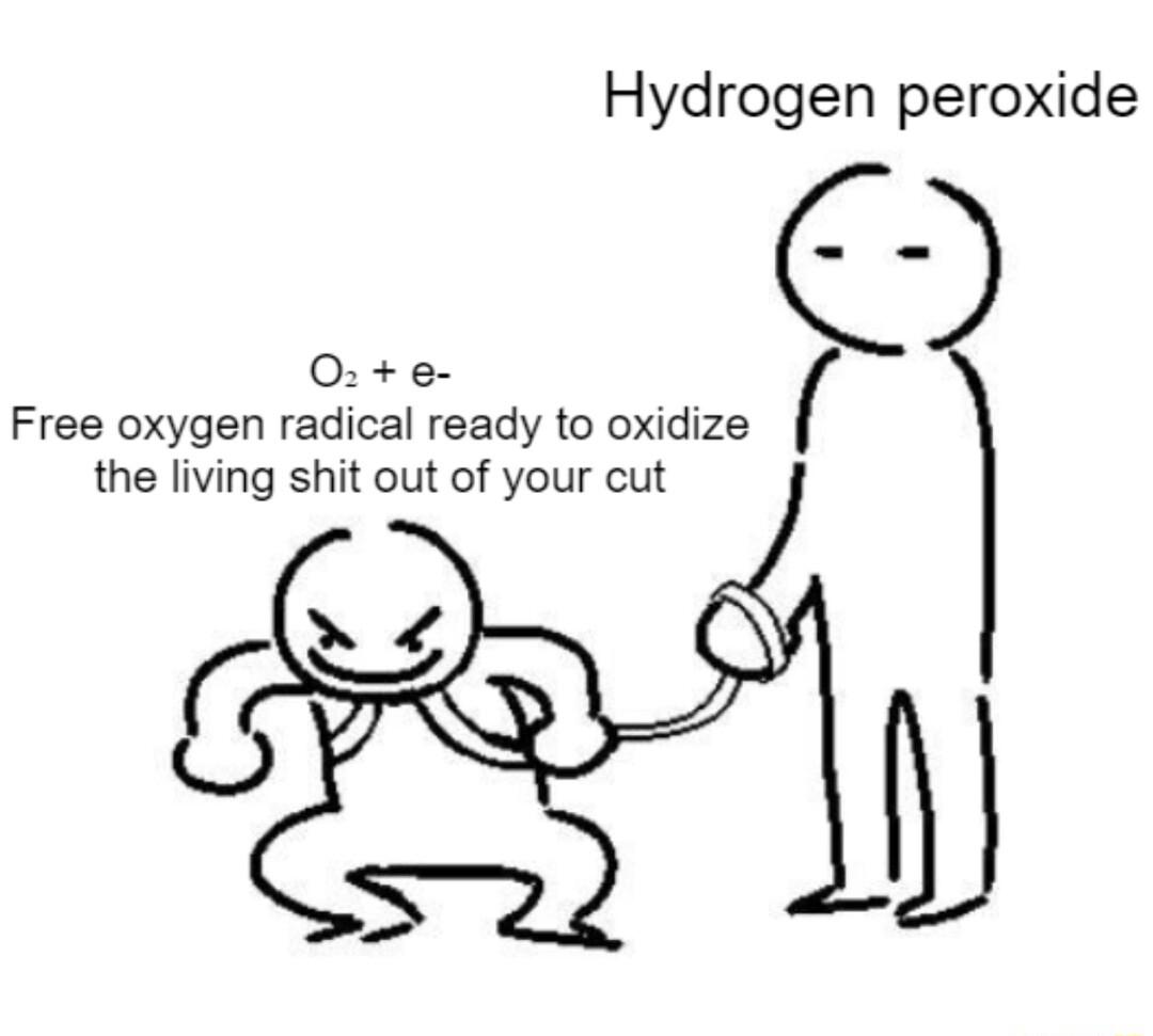Hydrogen peroxide Oe Free oxygen radical ready to oxidize the living shit out of your cut