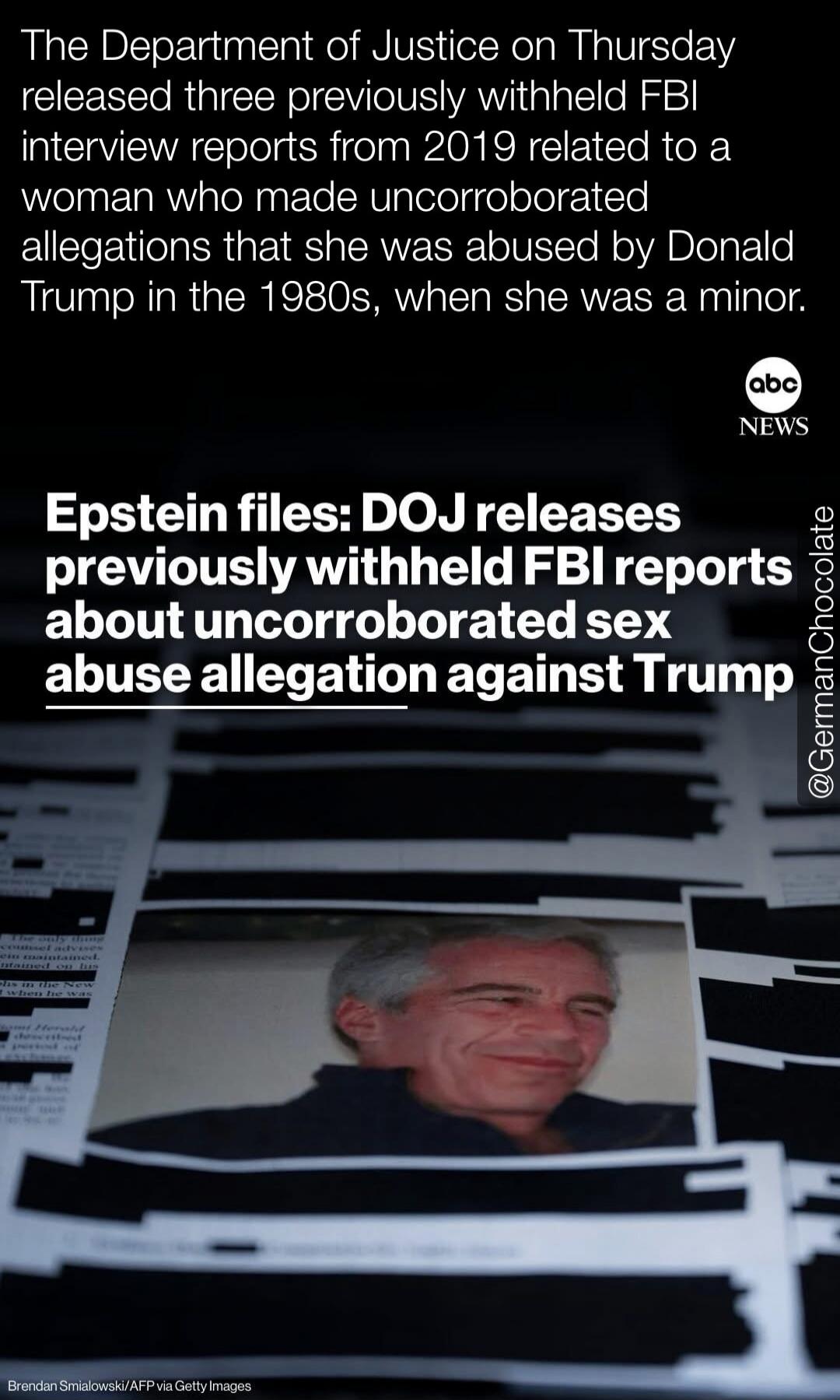 The Department of Justice on Thursday released three previously withheld FBI interview reports from 2019 related to a woman who made uncorroborated allegations that she was abused by Donald Trump in the 1980s, when she was a minor. Epstein files: DOJ releases previously withheld FBI reports about uncorroborated sex abuse allegation against Trump