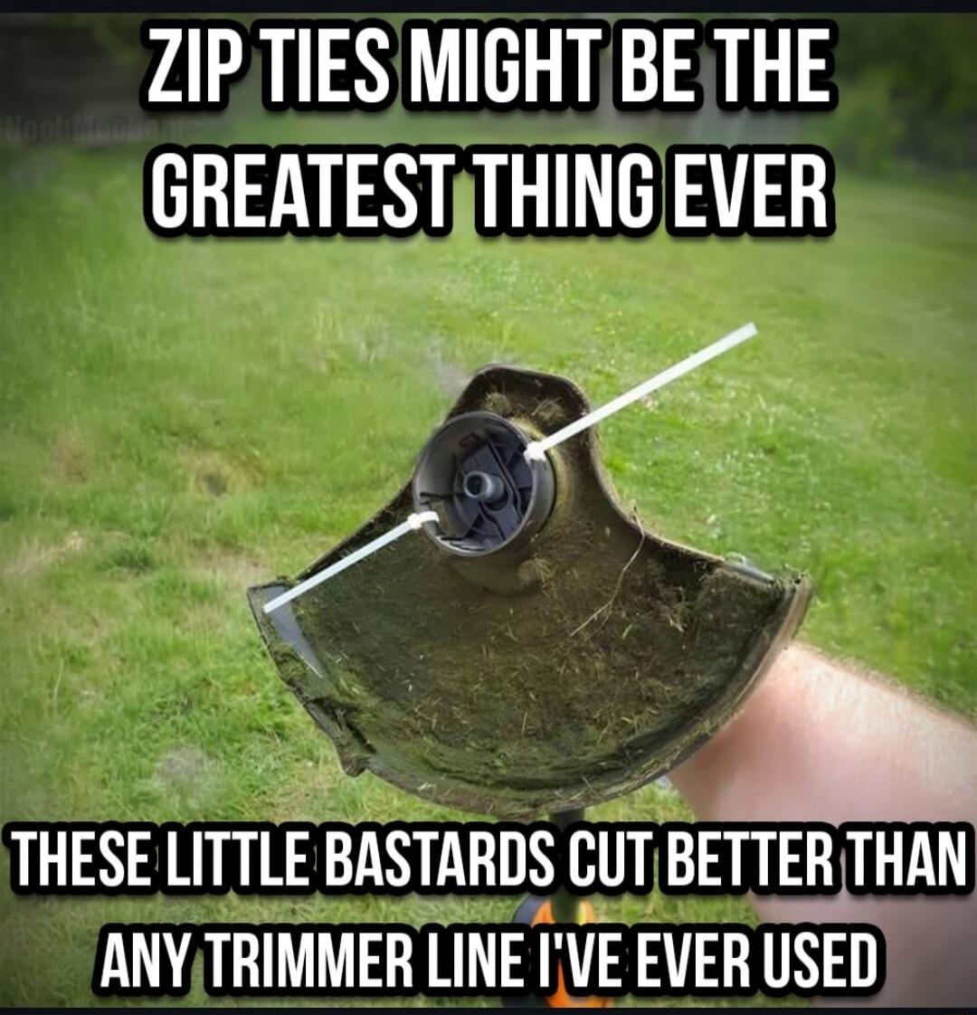 ZIP TIES MIGHT BE THE GREATEST THING EVER
THESE LITTLE BASTARDS CUT BETTER THAN ANY TRIMMER LINE I'VE EVER USED