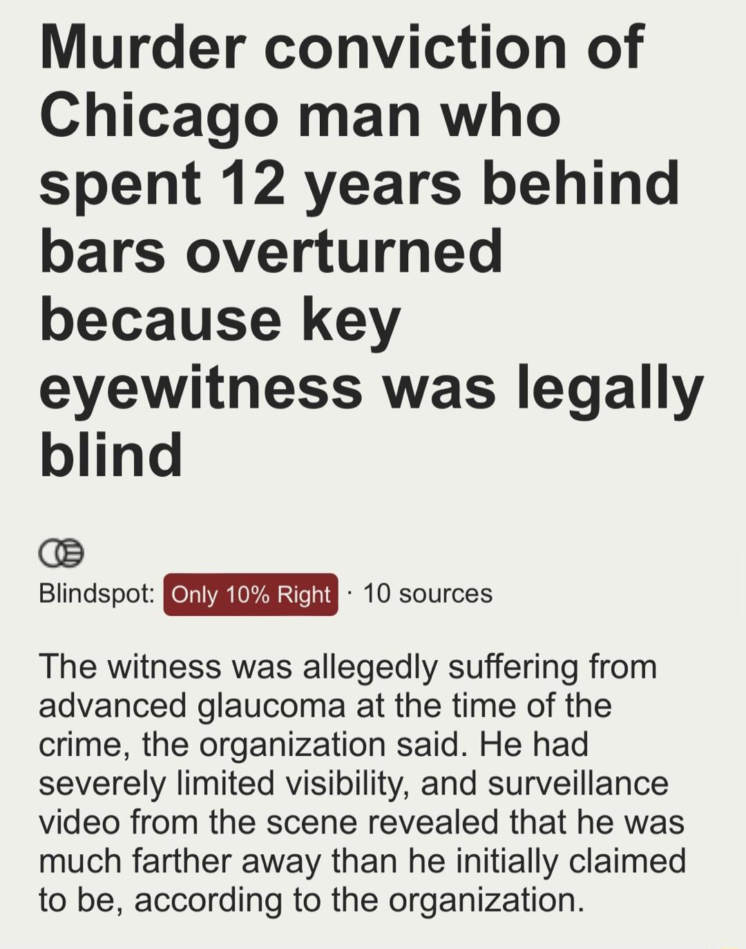 Murder conviction of Chicago man who spent 12 years behind bars overturned because key eyewitness was legally blind Blindspot RIS T 10 sources The witness was allegedly suffering from advanced glaucoma at the time of the crime the organization said He had severely limited visibility and surveillance video from the scene revealed that he was much farther away than he initially claimed to be accordi