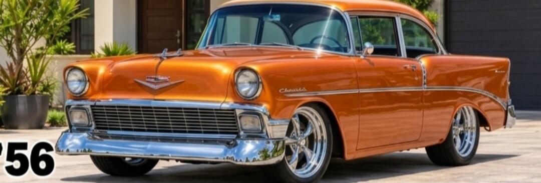 56. A classic orange Chevrolet car, possibly a 1956 model, parked outdoors.
