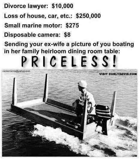 Divorce lawyer 10000 Loss of house car etc 250000 Small marine motor 275 Disposable camera 8 Sending your ex wife a picture of you boating in her family heirloom dining room table PRICELESS vist cuniyoavincom