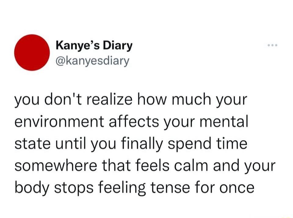 Kanye's Diary @kanyesdiary you don't realize how much your environment affects your mental state until you finally spend time somewhere that feels calm and your body stops feeling tense for once