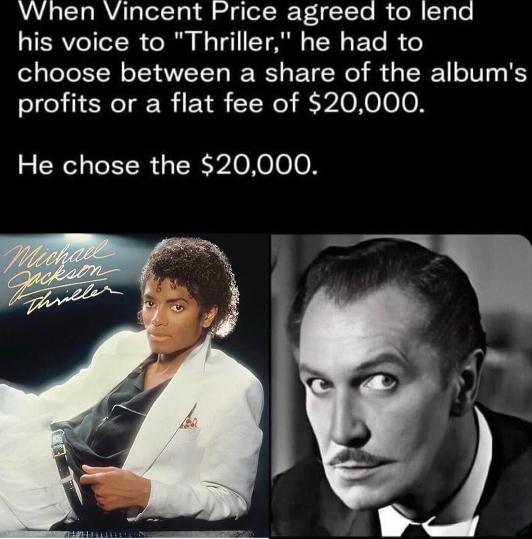 When Vincent Price agreed to lend QIERVeTICTR Ol N 1T TG ET R e choose between a share of the albums profits or a flat fee of 20000 He chose the 20000