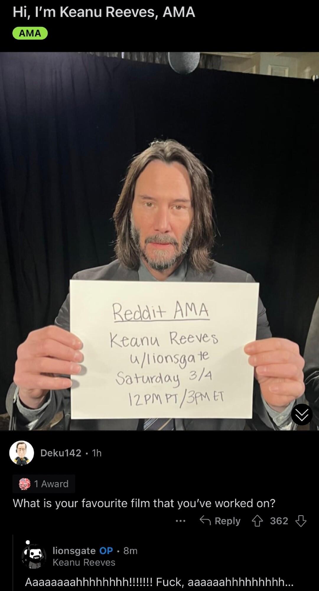 RN CEL TV EEVEN Y 1Y Avia T 77 Deku142 th 1 Avard What is your favourite film that youve worked on S Reply 362 om lionsgate OP 8m ms Keanu Reeves LEEEEEEEL LTI LIRS SEEEEEELRLL L LLTN