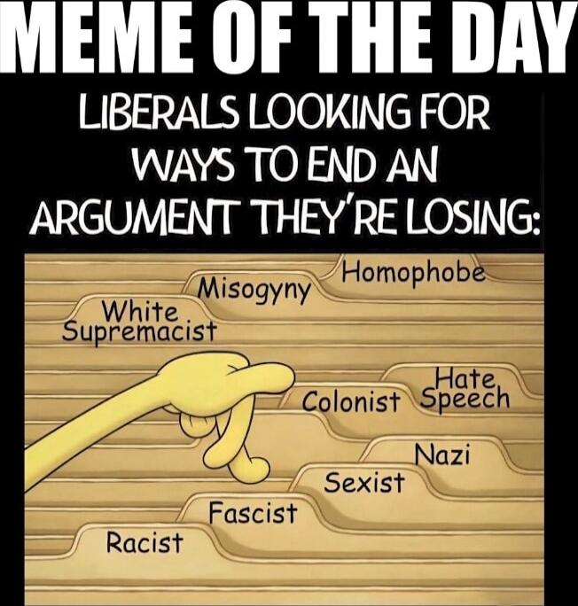 MEME OF THE DAY LIBERALS LOOKING FOR WAYS TO END AN ARGUMENT THEY'RE LOSING: White Supremacist Misogyny Homophobe Colonist Hate Speech Nazi Sexist Fascist Racist