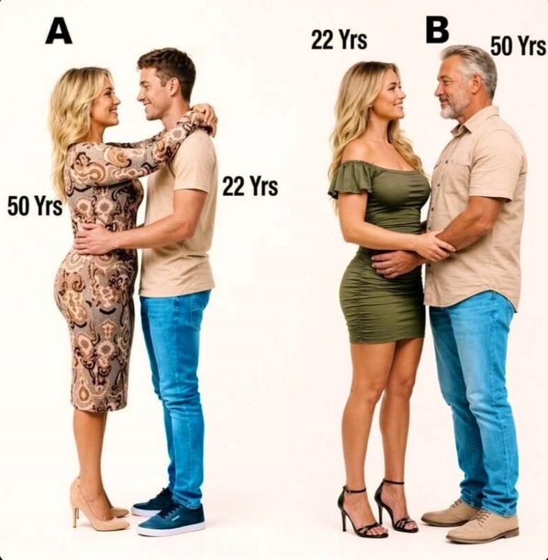 Image shows two scenarios, A and B. In scenario A, a 50-year-old woman is embracing a 22-year-old man. In scenario B, a 22-year-old woman is embracing a 50-year-old man. Text labels include 'A', '50 Yrs', '22 Yrs', 'B'.