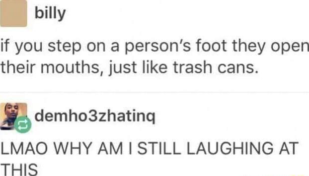 billy if you step on a persons foot they open their mouths just like trash cans demho3zhating LMAO WHY AM STILL LAUGHING AT THIS