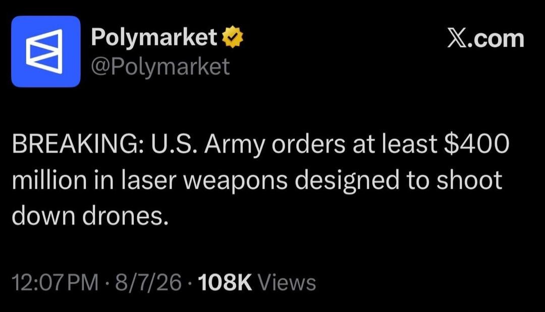 BREAKING: U.S. Army orders at least $400 million in laser weapons designed to shoot down drones.