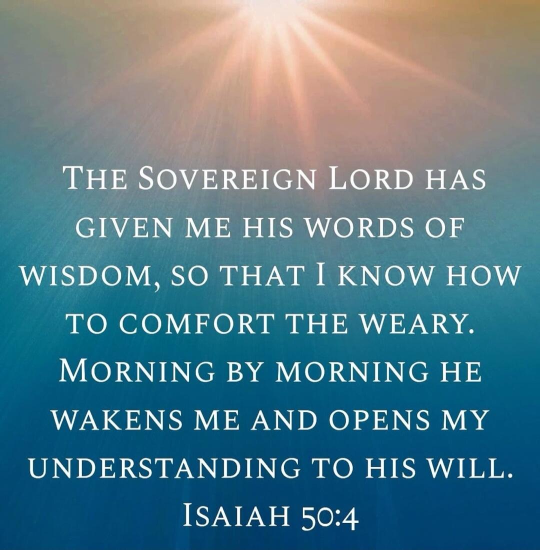 THE SOVEREIGN LORD HAS GIVEN ME HIS WORDS OF WISDOM, SO THAT I KNOW HOW TO COMFORT THE WEARY. MORNING BY MORNING HE WAKENS ME AND OPENS MY UNDERSTANDING TO HIS WILL. ISAIAH 50:4