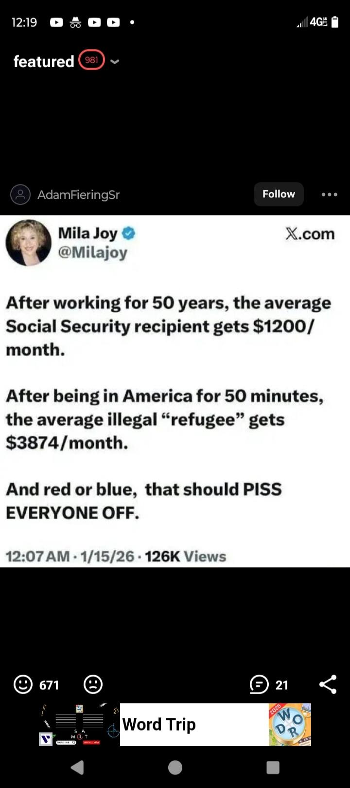 After working for 50 years, the average Social Security recipient gets $1200/month. 

After being in America for 50 minutes, the average illegal “refugee” gets $3874/month.

And red or blue, that should PISS EVERYONE OFF.