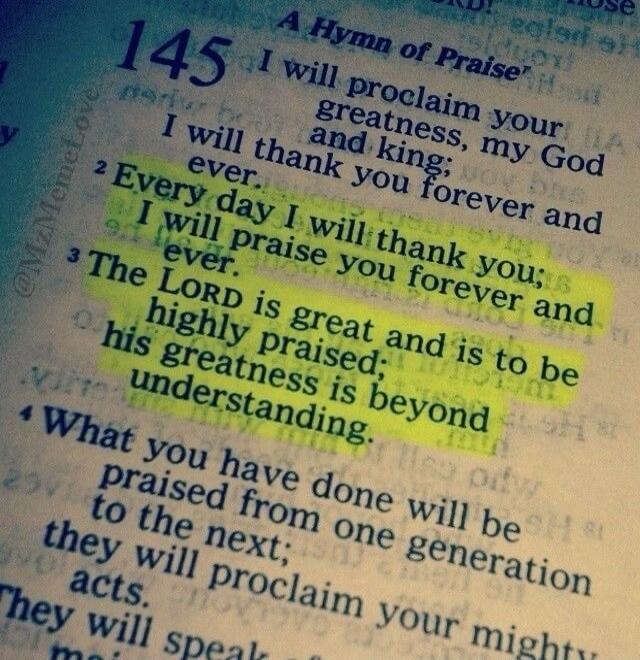 A Hymn of Praise 145 1 I will proclaim your greatness, my God and king; I will thank you forever and ever. 2 Every day I will thank you; I will praise you forever and ever. 3 The LORD is great and is to be highly praised; his greatness is beyond understanding. 4 What you have done will be praised from one generation to the next; they will proclaim 
