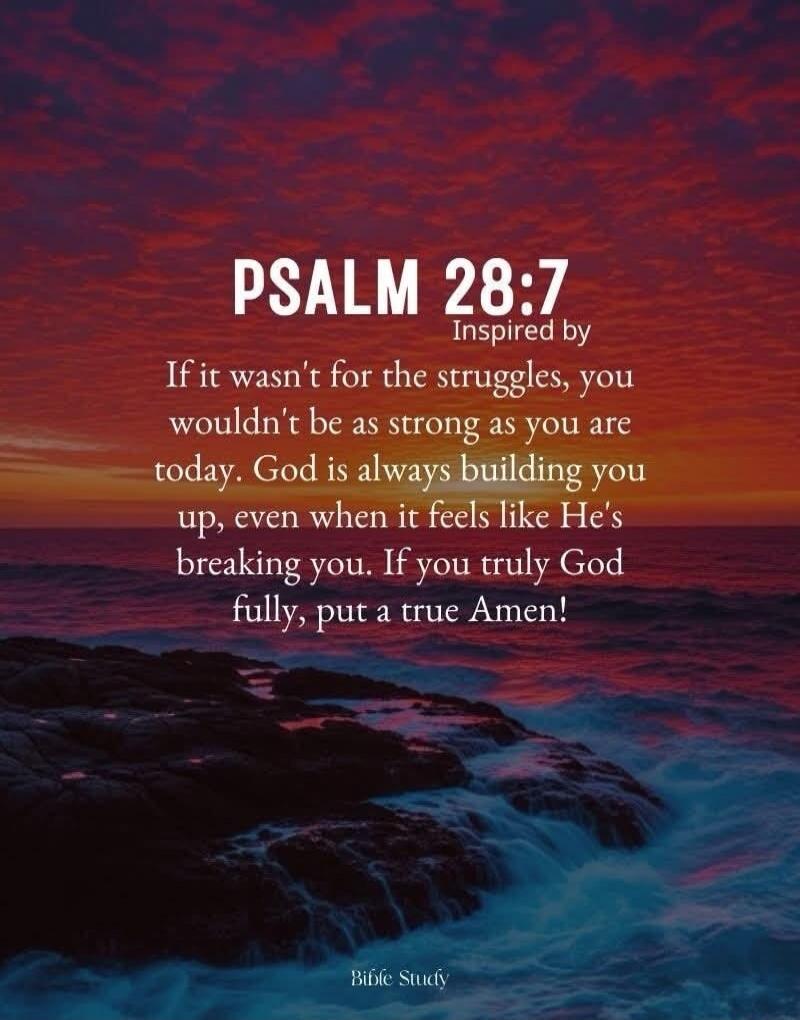 PSALM 28:7
Inspired by
If it wasn't for the struggles, you wouldn't be as strong as you are today. God is always building you up, even when it feels like He’s breaking you. If you truly God fully, put a true Amen!
Bible Study