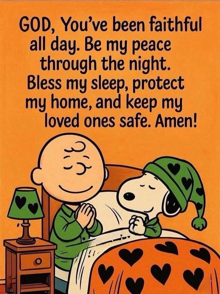 GOD, You've been faithful all day. Be my peace through the night. Bless my sleep, protect my home, and keep my loved ones safe. Amen!