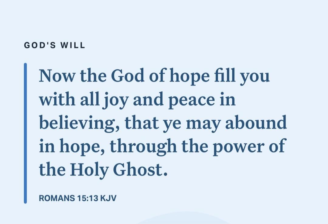 GOD'S WILL
Now the God of hope fill you with all joy and peace in believing, that ye may abound in hope, through the power of the Holy Ghost.
ROMANS 15:13 KJV