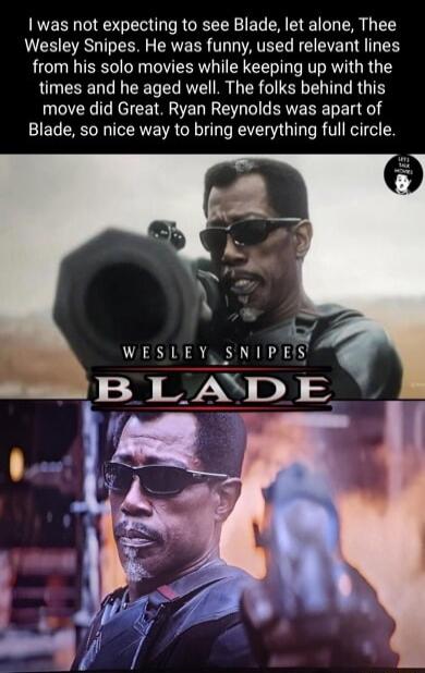 was not expecting to see Blade let alone Thee Wesley Snipes He was funny used relevant lines from his solo movies while keeping up with the times and he aged well The folks behind this move did Great Ryan Reynolds was apart of Blade so nice way to bring everything full circle WESLEYSNIPES