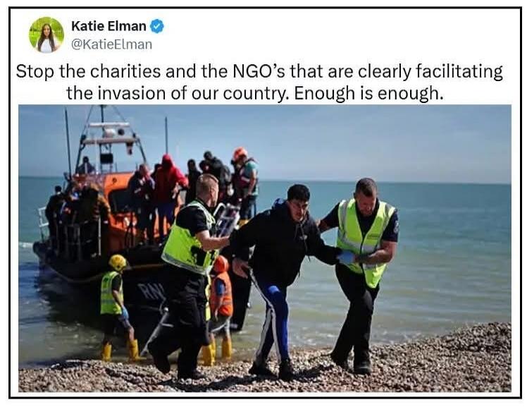 Katie Elman @KatieElman Stop the charities and the NGO's that are clearly facilitating the invasion of our country. Enough is enough.