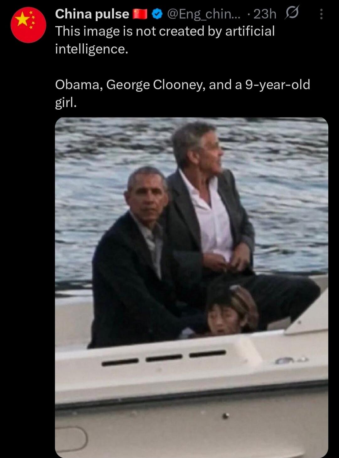 This image is not created by artificial intelligence.

Obama, George Clooney, and a 9-year-old girl.