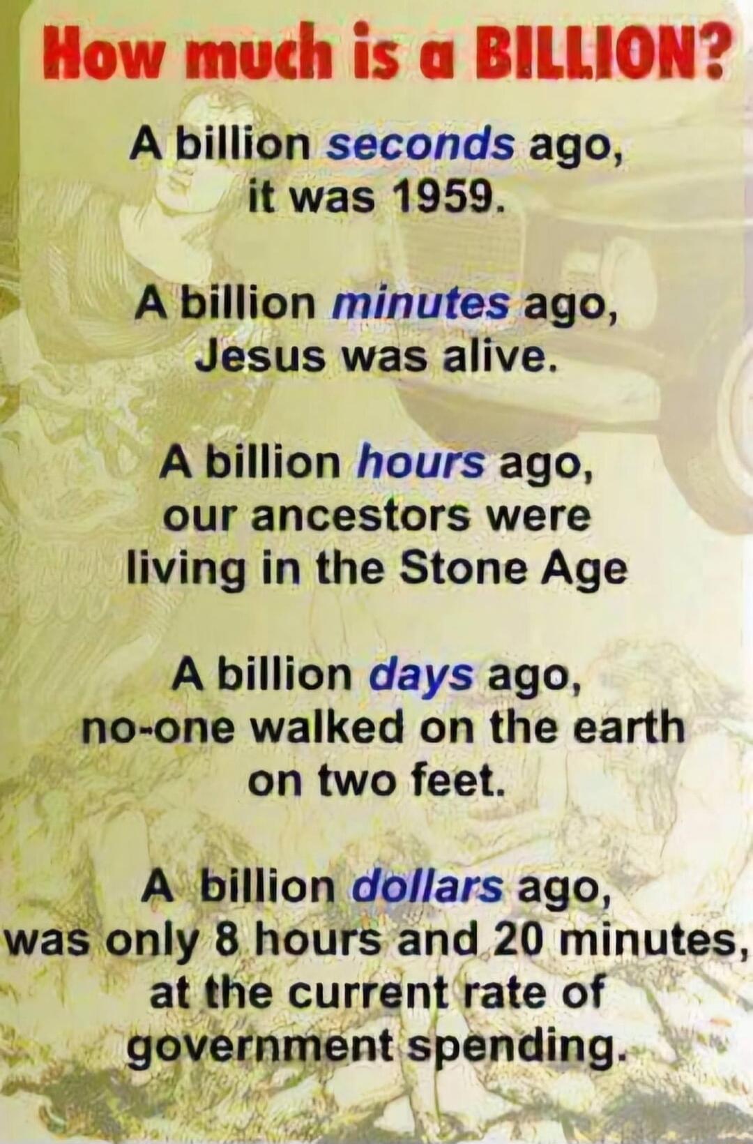 How much is a BILLION A billibh seconds ago it was 1959 Al Anbillion minutes ago Jesus was alive s l billion hours ago _our ancestors were living in the Stone Age Ko v sv Anbillion days ago one walked on the earth on two feet 51 llllon dollars ago nly 8 hours and 20 minutes J at the current rate of wgwnt spenfimg