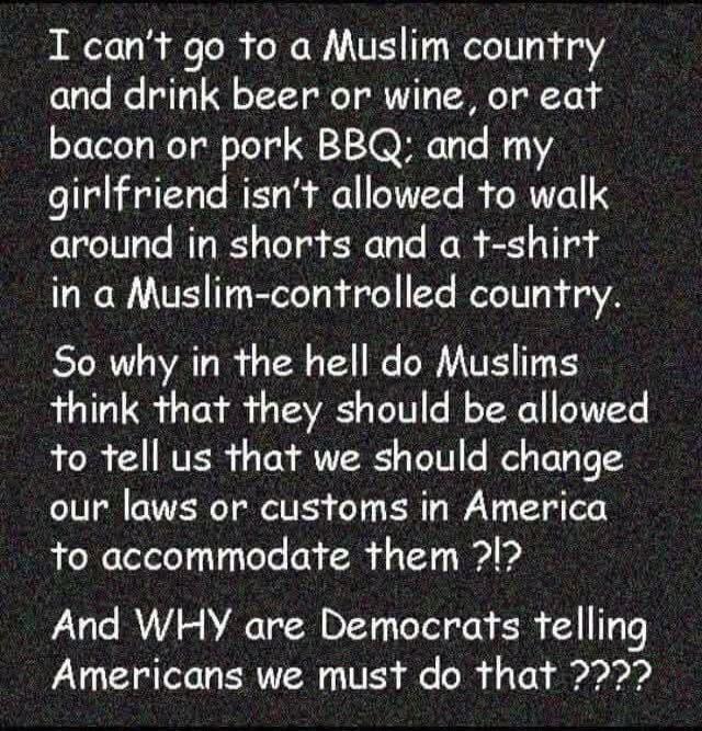 I can't go to a Muslim country and drink beer or wine, or eat bacon or pork BBQ: and my girlfriend isn't allowed to walk around in shorts and a t-shirt in a Muslim-controlled country. So why in the hell do Muslims think that they should be allowed to tell us that we should change our laws or customs in America to accommodate them ?!? And WHY are De