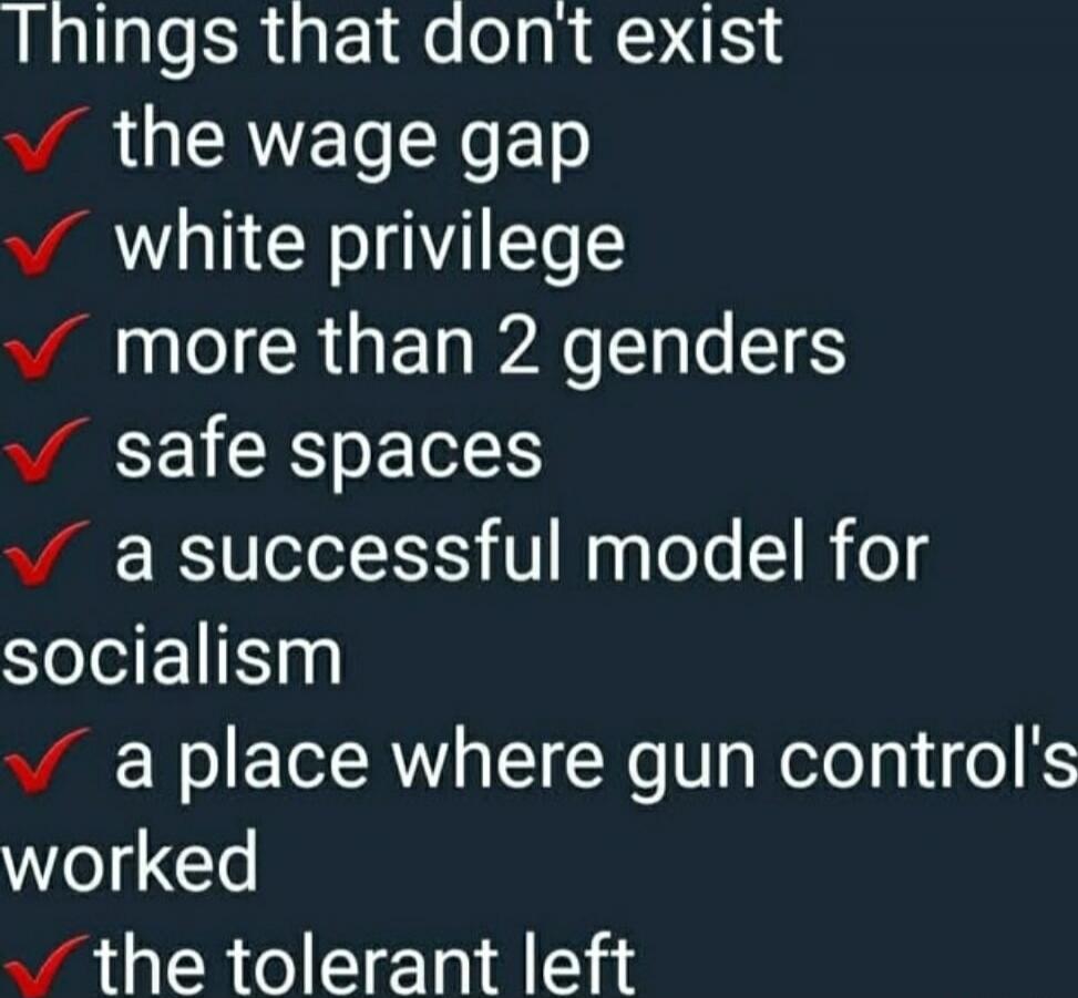 Things that don't exist
✔ the wage gap
✔ white privilege
✔ more than 2 genders
✔ safe spaces
✔ a successful model for socialism
✔ a place where gun control's worked
✔ the tolerant left