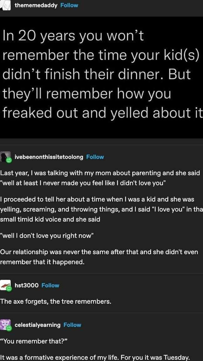 Rl thememedaddy Follow APAORVEETE R o VR el sl e remember the time your kids didnt finish their dinner But theyll remember how you LG RolUid 1ale RV Te Il oTolUN i ivebeenonthissitetoolong Follow Last year was talking with my mom about parenting and she said well at least never made you feel like didnt love you proceeded to tell her about a time when was a kid and she was yelling screaming and thr