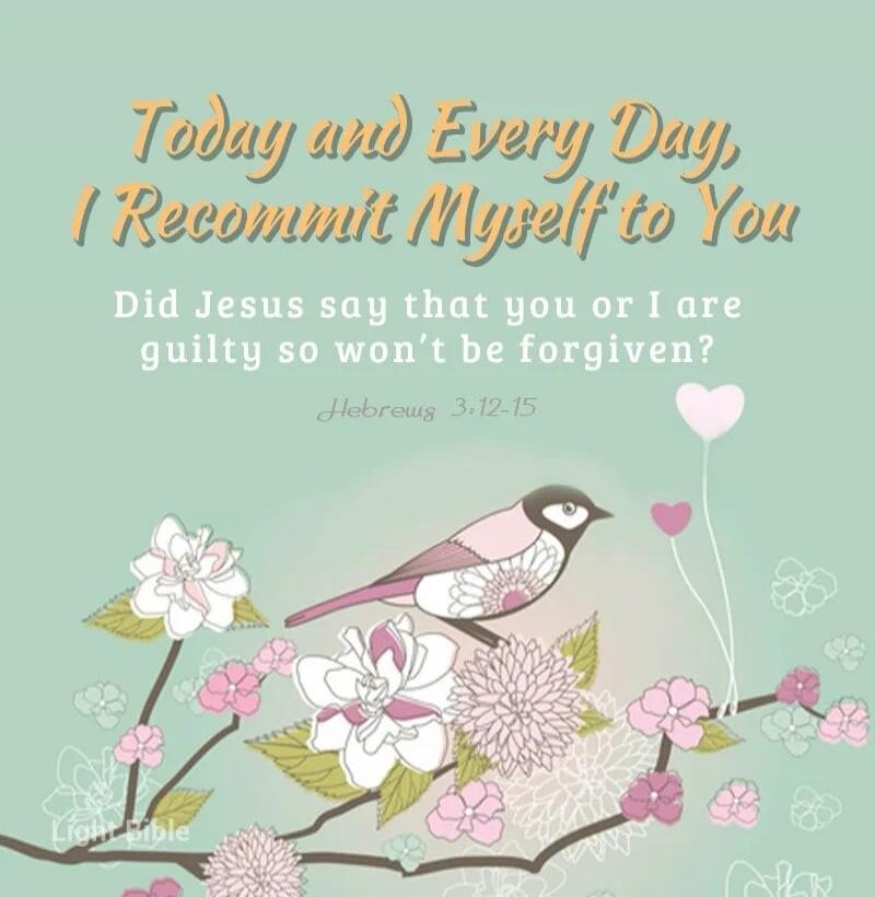 Today and Every Day, I Recommit Myself to You. Did Jesus say that you or I are guilty so won't be forgiven? Hebrews 3:12-15. Light Bible.