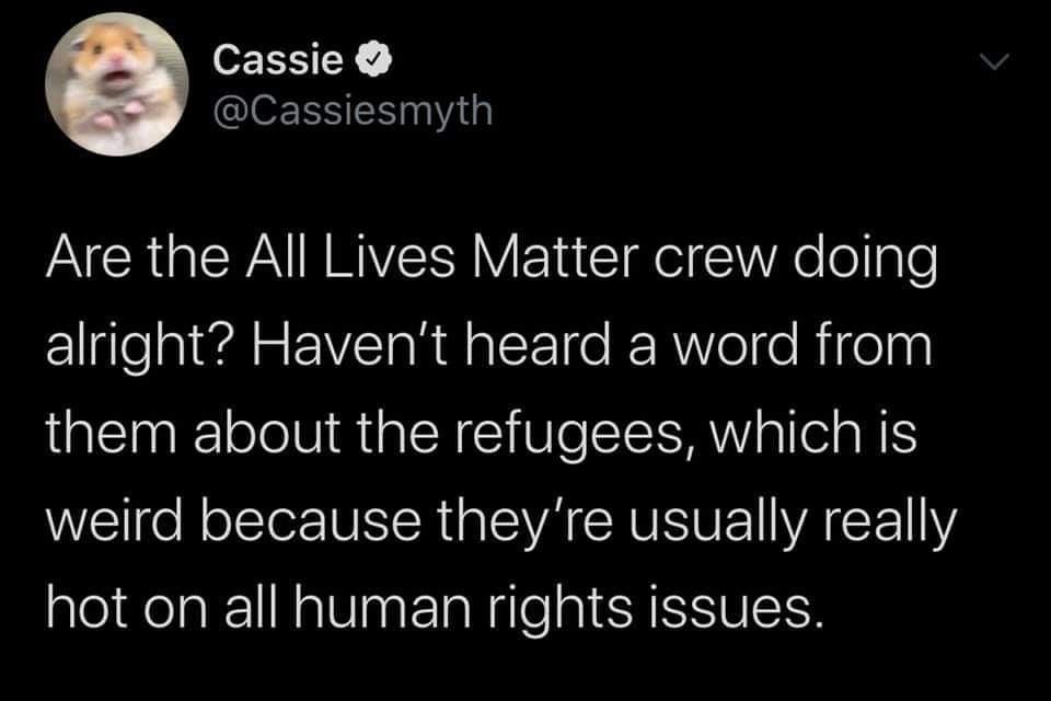 Cassie QIOENS N 1t Are the All Lives Matter crew doing alright Havent heard a word from them about the refugees which is WET ol olsler IV IR L WA CRVEIVEL WA CCELWY hot on all human rights issues