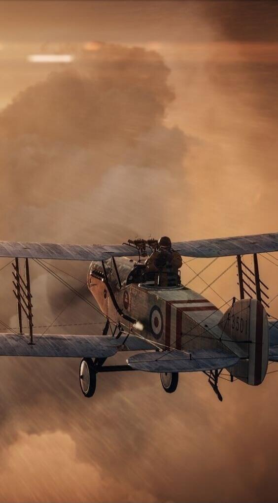 A vintage biplane with a pilot/gunner and a machine gun flying through a cloudy, orange sky. The plane has the number F3501 on its tail and a roundel marking.