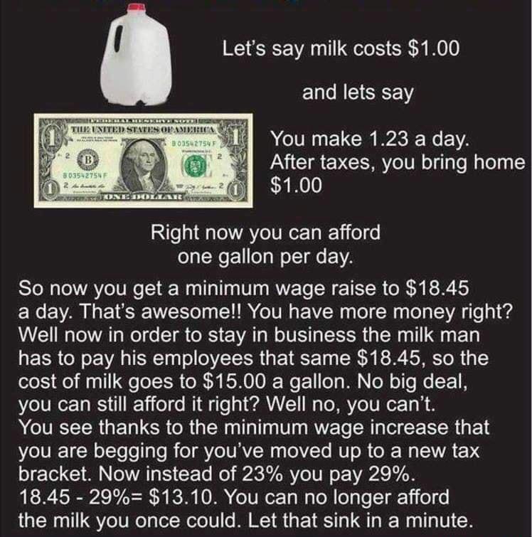 Lets say milk costs 100 and lets say RCNNELCR KRR A VI CIREVEEIRYol N o glaTo g Tolgy I 100 Right now you can afford one gallon per day So now you get a minimum wage raise to 1845 a day Thats awesome You have more money right Well now in order to stay in business the milk man has to pay his employees that same 1845 so the LS e 1 e RO N KN RWe 1 oTo W N oW o To W F 1 B you can still afford it right