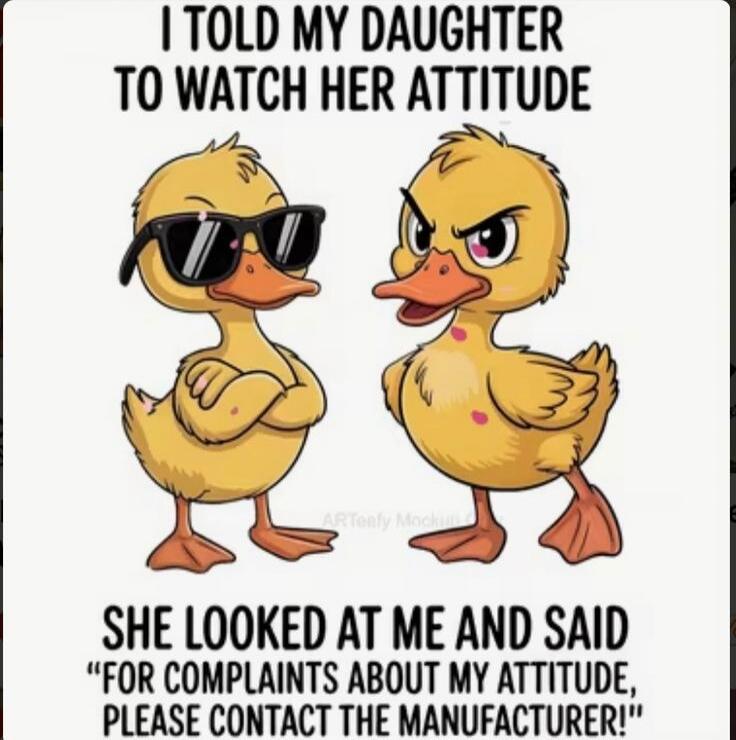 I TOLD MY DAUGHTER TO WATCH HER ATTITUDE SHE LOOKED AT ME AND SAID 