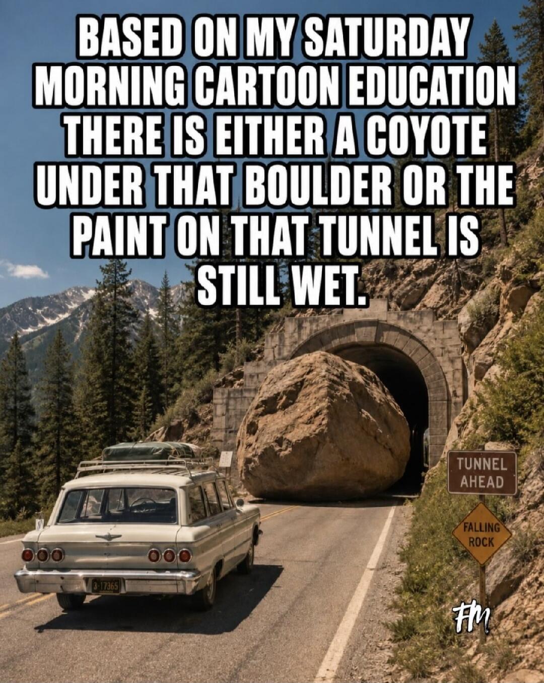 BASED ON MY SATURDAY MORNING CARTOON EDUCATION THERE IS EITHER A COYOTE UNDER THAT BOULDER OR THE PAINT ON THAT TUNNEL IS STILL WET. TUNNEL AHEAD. FALLING ROCK.