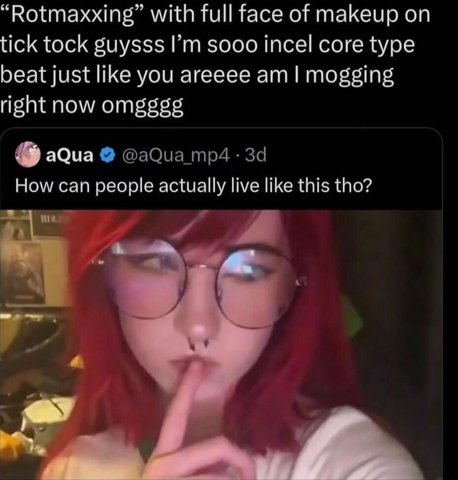 Rotmaxxing with full face of makeup on tick tock guysss Im sooo incel core type beat just like you areeee am mogging right now omgggg aQua aQua_mp4 3d How can people actually live like this tho