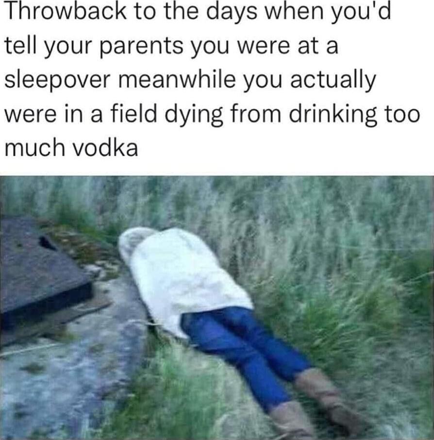 Throwback to the days when youd tell your parents you were at a sleepover meanwhile you actually were in a field dying from drinking too much vodka