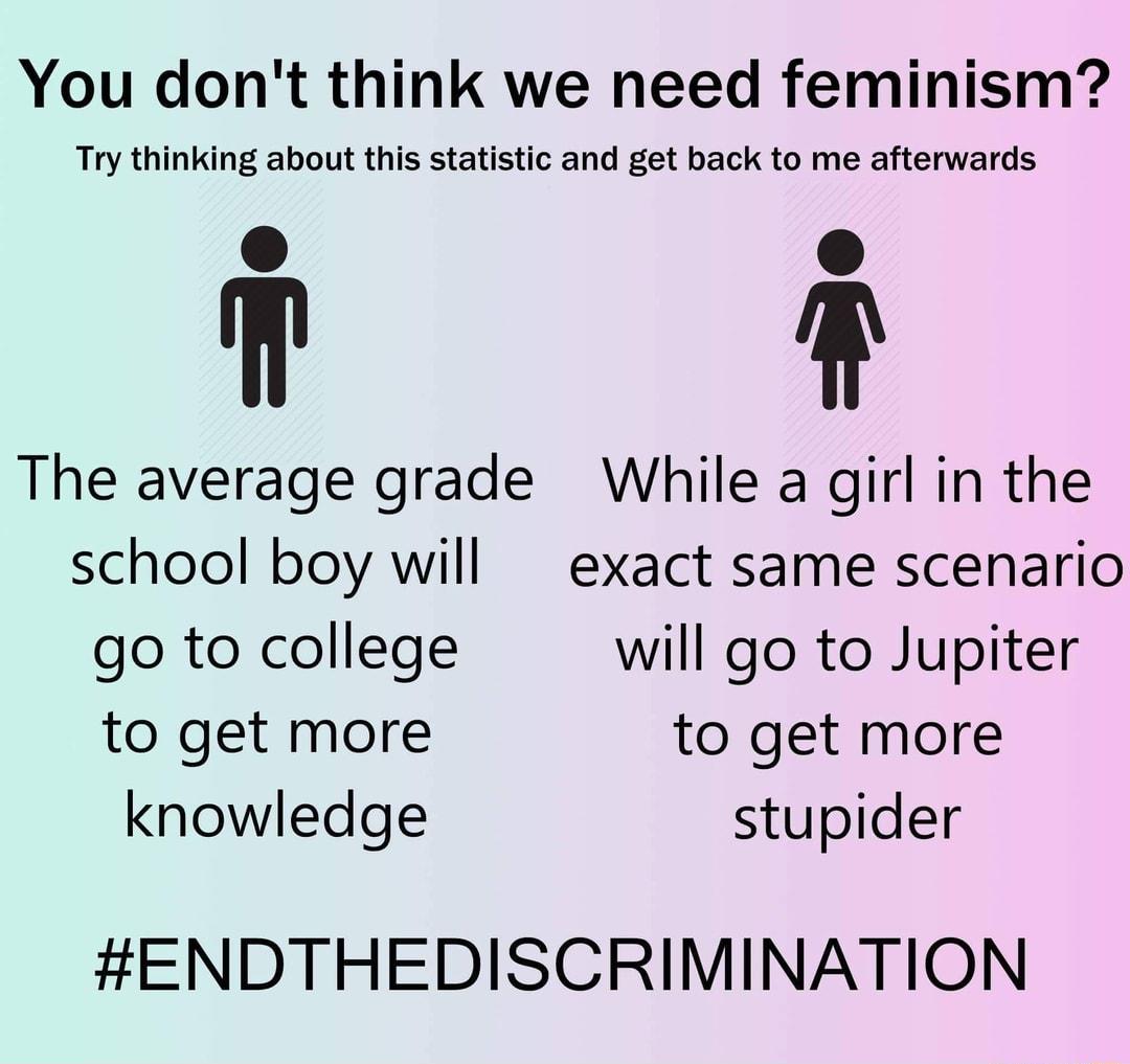 You dont think we need feminism Try thinking about this statistic and get back to me afterwards m The average grade While a girl in the school boy will exact same scenario go to college will go to Jupiter to get more to get more knowledge stupider ENDTHEDISCRIMINATION