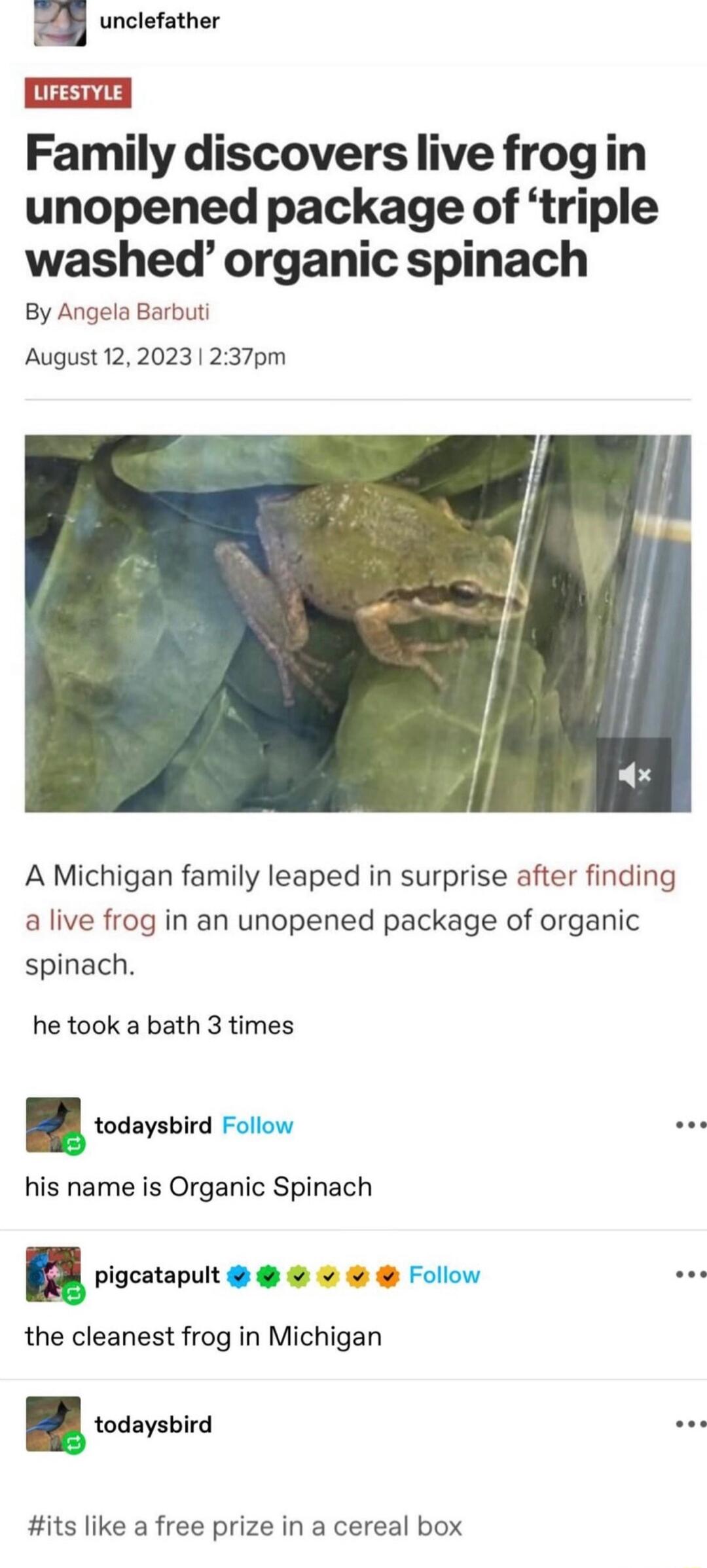 unclefather Family discovers live frogin unopened package of triple washed organic spinach By Angela Barbuti August 122023 237pm A Michigan family leaped in surprise after finding a live frog in an unopened package of organic spinach he took a bath 3 times todaysbird Follow e his name i Organic Spinach pigutlnult Follow the cleanest frog in Michigan todaysbird e its like a free prize in a cereal b