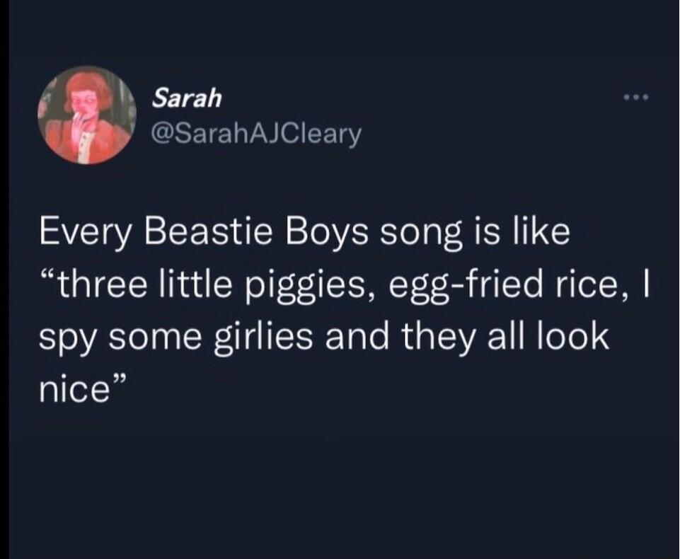 Sarah CEEIEL TN o214 Every Beastie Boys song is like three little piggies egg fried rice spy some girlies and they all look nice