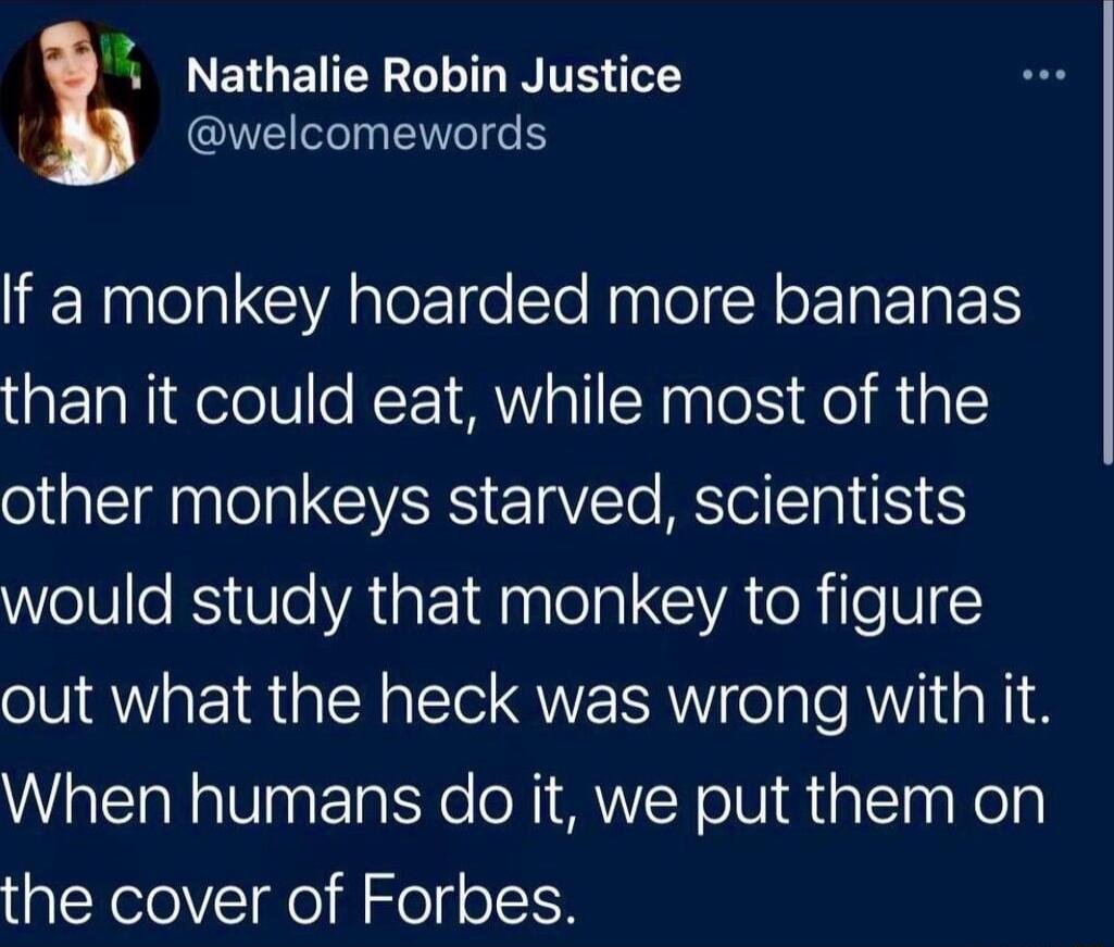 Nathalie Robin Justice welcomewords If a monkey hoarded more bananas than it could eat while most of the other monkeys starved scientists WelSe RS Ve YAIaF I aalelal C VA ToRe V out what the heck was wrong with it When humans do it we put them on the cover of Forbes