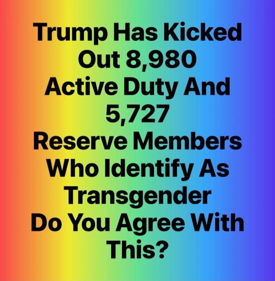 Trump Has Kicked Out 8,980 Active Duty And 5,727 Reserve Members Who Identify As Transgender Do You Agree With This?