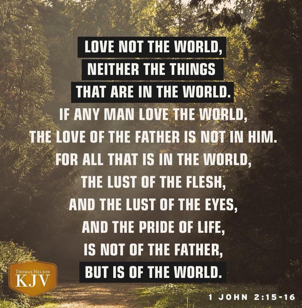LOVE NOT THE WORLD,
NEITHER THE THINGS
THAT ARE IN THE WORLD.
IF ANY MAN LOVE THE WORLD,
THE LOVE OF THE FATHER IS NOT IN HIM.
FOR ALL THAT IS IN THE WORLD,
THE LUST OF THE FLESH,
AND THE LUST OF THE EYES,
AND THE PRIDE OF LIFE,
IS NOT OF THE FATHER,
BUT IS OF THE WORLD.
