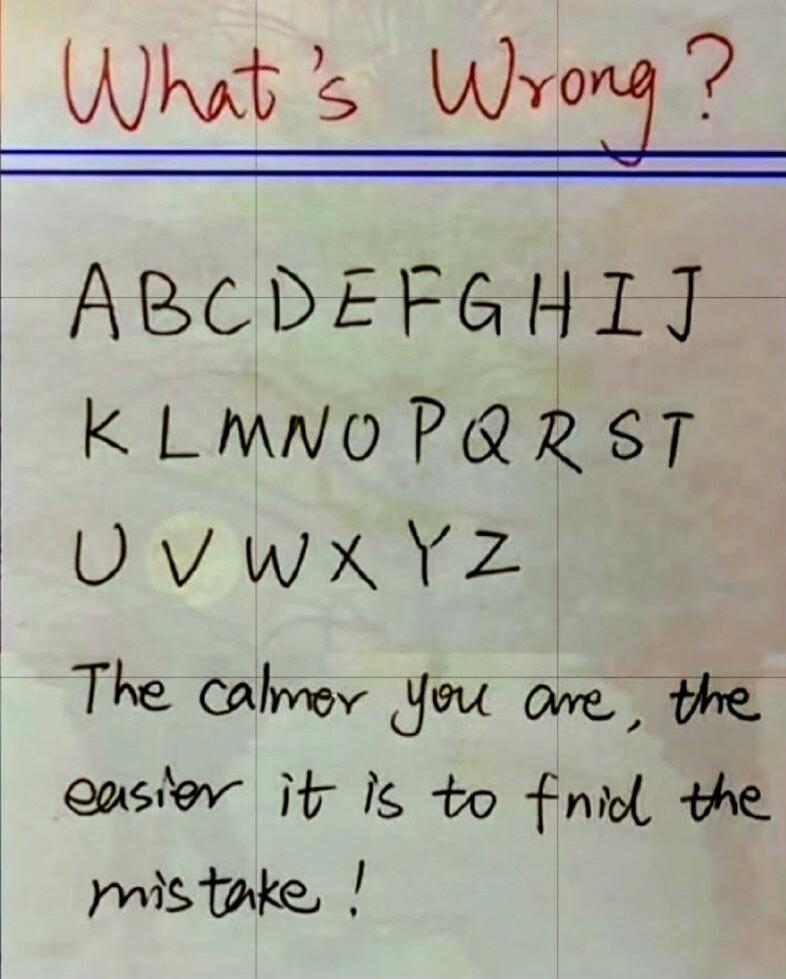 What's Wrong? A B C D E F G H I J K L M N O P Q R S T U V W X Y Z The calmer you are, the easier it is to fnid the mistake!