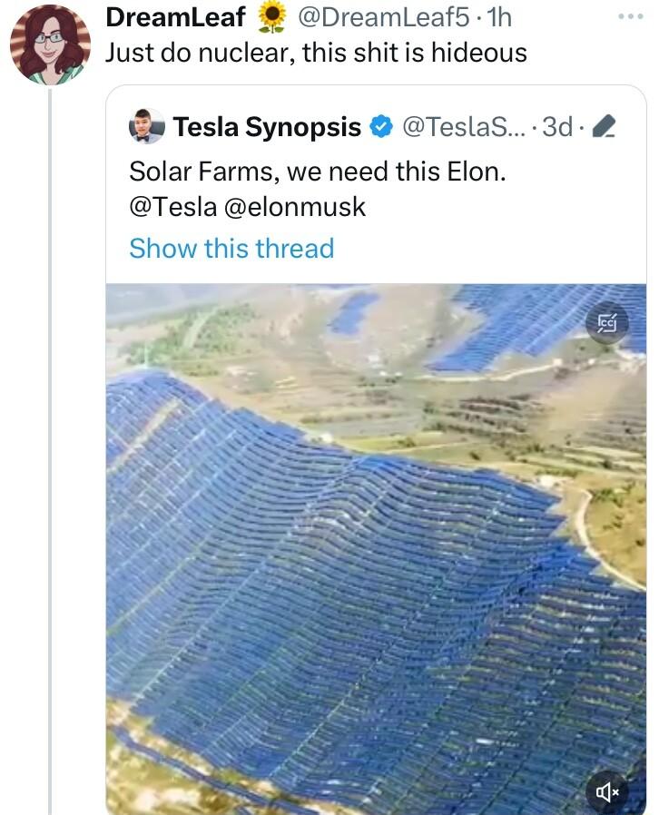 DreamLeaf DreamLeaf5 1h Just do nuclear this shit is hideous _ Tesla Synopsis TeslaS 3d Solar Farms we need this Elon Tesla elonmusk Show this thread