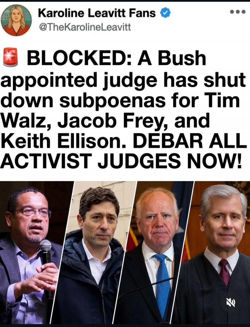 Karoline Leavitt Fans
@TheKarolineLeavitt
🚨 BLOCKED: A Bush appointed judge has shut down subpoenas for Tim Walz, Jacob Frey, and Keith Ellison. DEBAR ALL ACTIVIST JUDGES NOW!