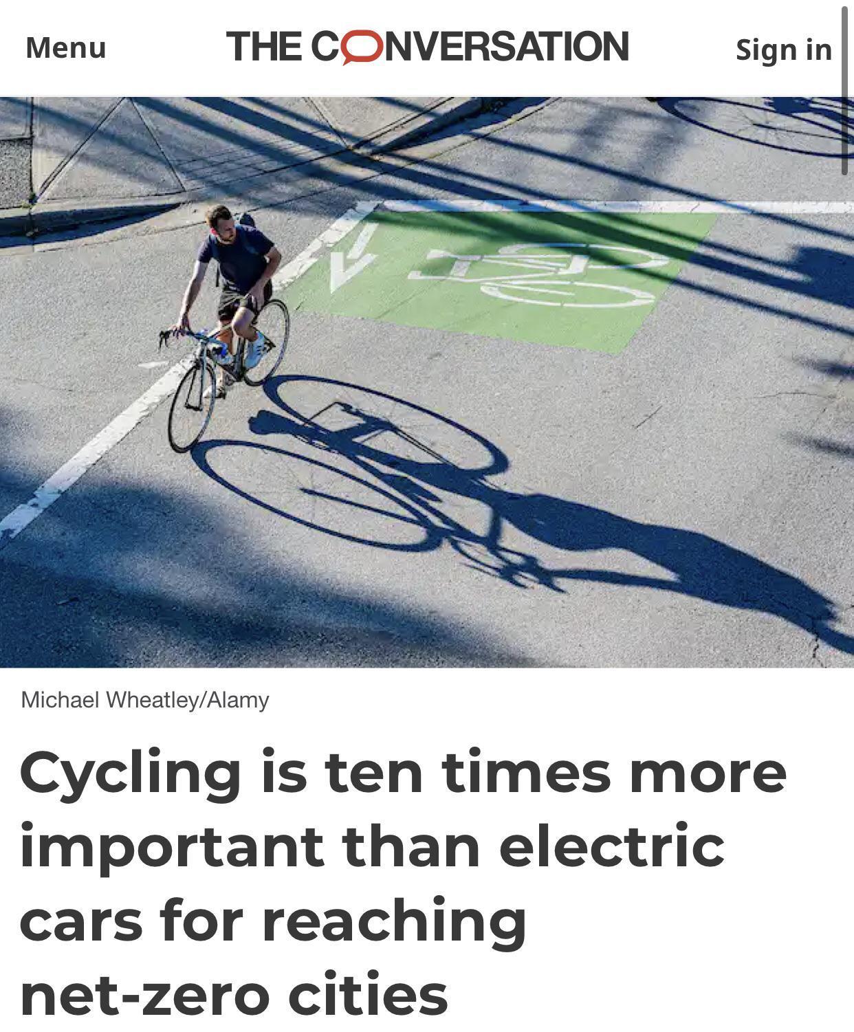 Menu THE CONVERSATION signin Cycling is ten times more important than electric cars for reaching net zero cities