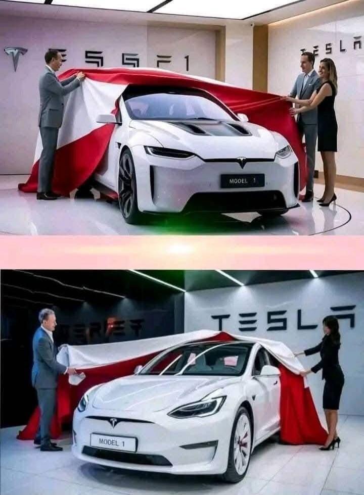 Two images showing a car reveal. In the top image, a man and a woman unveil a futuristic white car with 'MODEL 1' on the front, and 'TESLA' and 'ESSF1' visible in the background. In the bottom image, a man and a woman unveil a white Tesla Model S, also with 'MODEL 1' on the front, and 'TESLA' in the background. The images compare two different car 