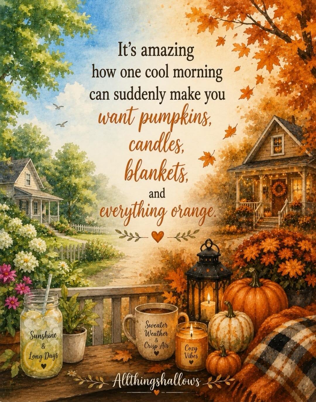 It's amazing how one cool morning can suddenly make you want pumpkins, candles, blankets, and everything orange. Sunshine & Long Days. Sweater Weather & Crisp Air. Cozy Vibes. Allthingshallows.