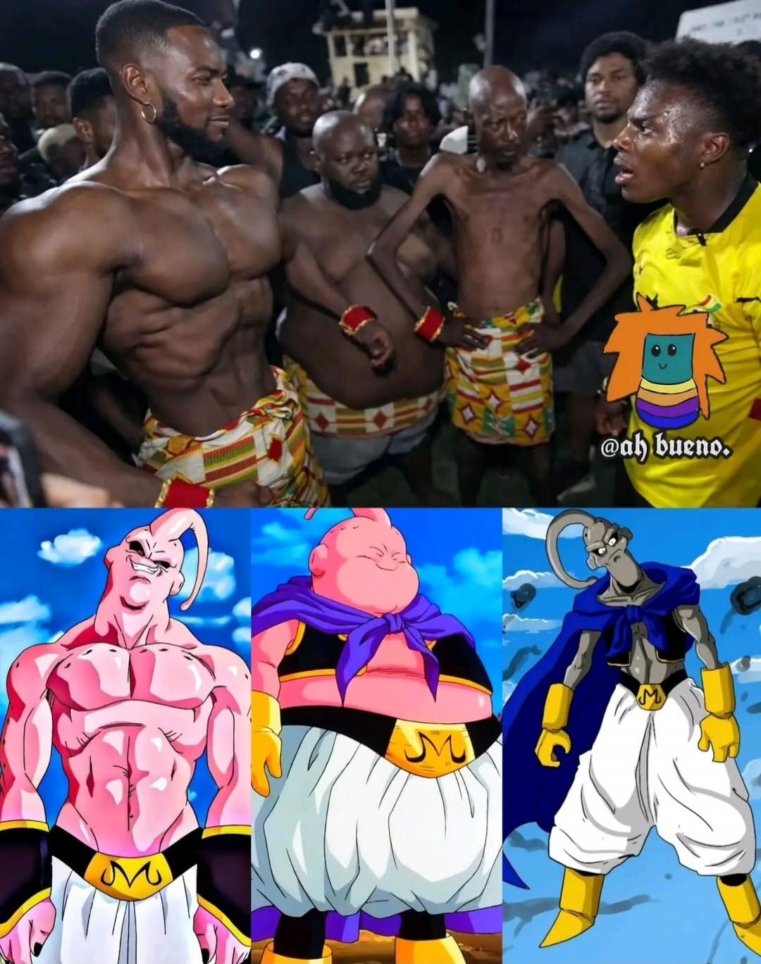 Top image shows muscular men in loincloths facing off; bottom row features three Majin Buu character designs from Dragon Ball with colorful outfits. The overlay includes a small cartoon with the caption 