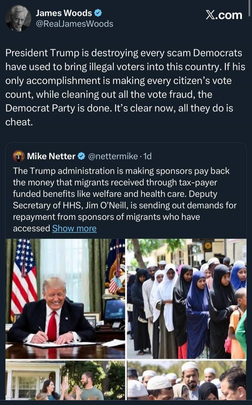 President Trump is destroying every scam Democrats have used to bring illegal voters into this country. If his accomplishment is making every citizen’s vote count, while cleaning out all the vote fraud, the Democrat Party is done. It’s clear now, all they do is cheat. Mike Netter @nettermike • 1d The Trump administration is making sponsors pay back
