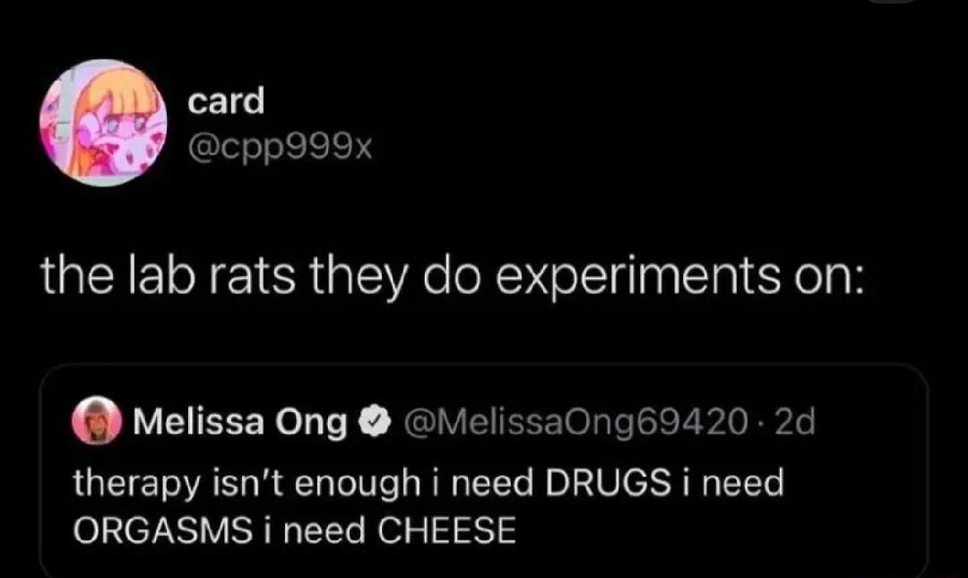 card cpp999x the lab rats they do experiments on Melissa Ong VielissaOng69420 2d therapy isnt enough i need DRUGS i need ORGASMS i need CHEESE