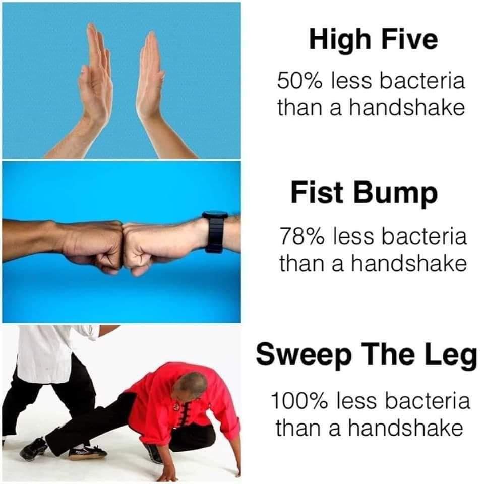 High Five 50 less bacteria than a handshake Fist Bump 78 less bacteria than a handshake Sweep The Leg 100 less bacteria than a handshake